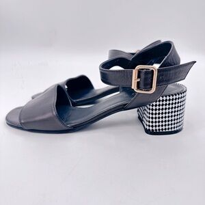 Anthropologie All Black Diamond Checker Heel Leather Sandals Size 41